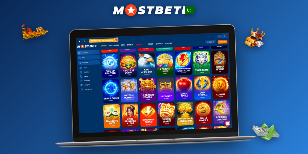 Mostbet online casino desktop lobby with slot tiles, live blackjack and search bar