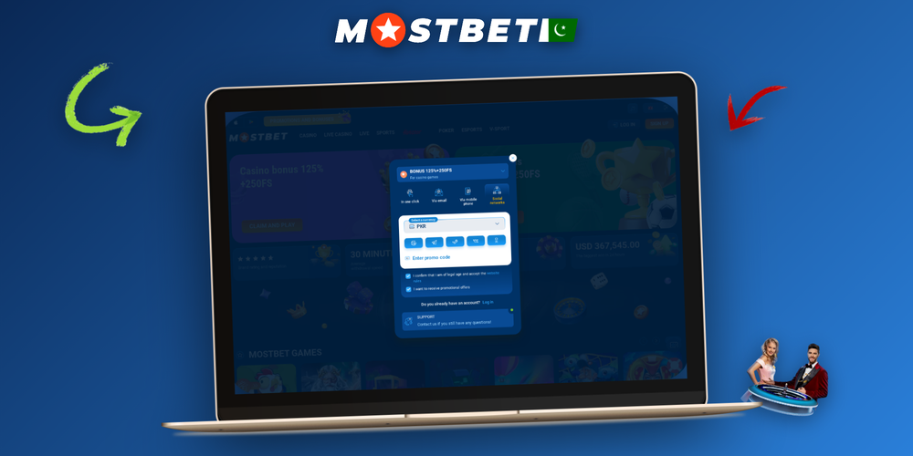 Support chat window on a laptop showing Mostbet personal account help for Pakistan players