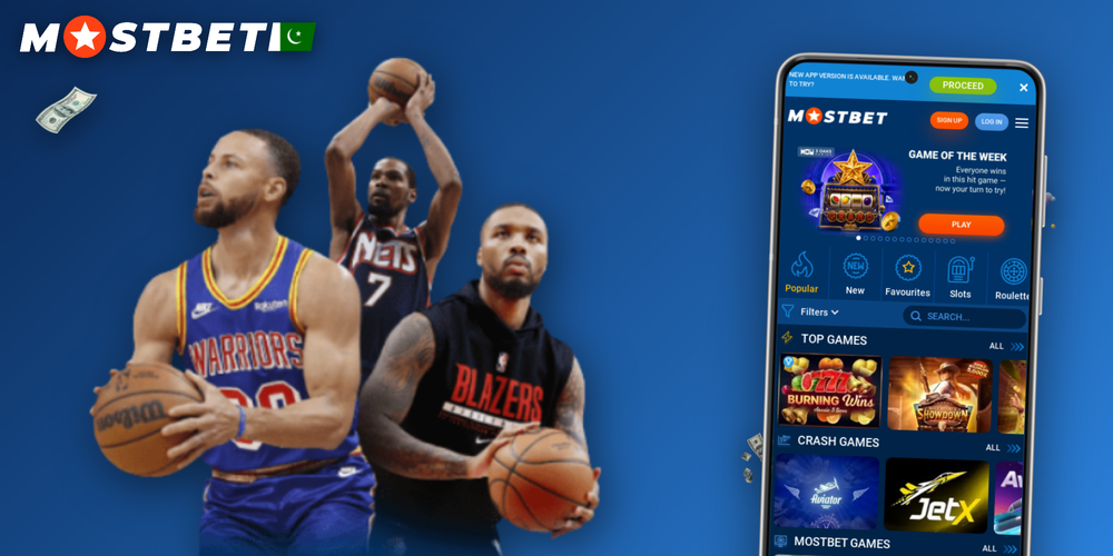Mostbet casino bonus banner with PKR coins and 125% welcome match on dark navy
